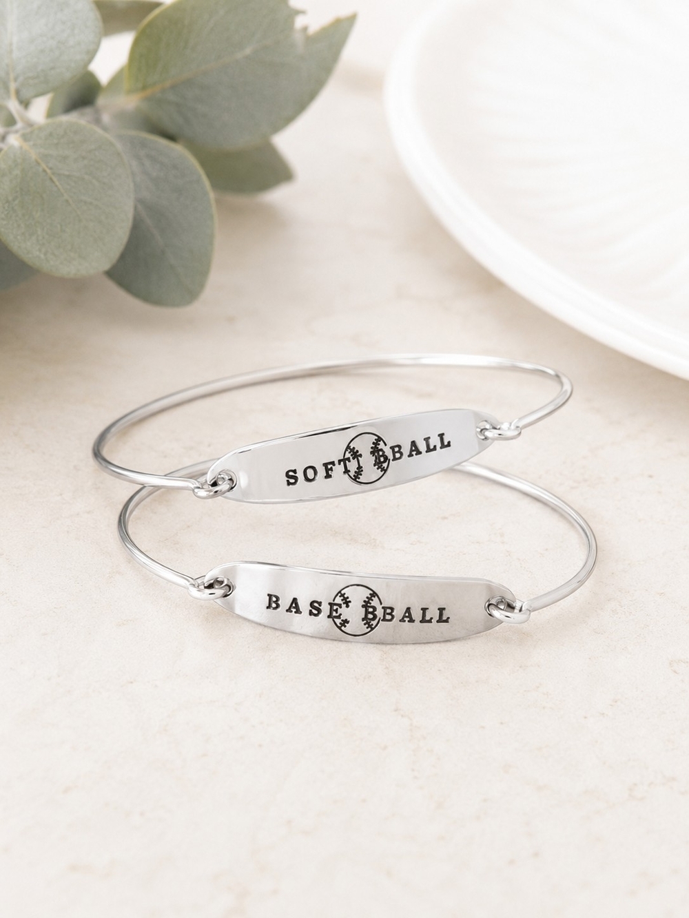 Silver Softball Engraved Bangle Bracelet